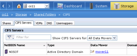 EMC VNX- Übersicht der eingerichteten CIFS- Server CIFS Server auf einer EMC VNX2