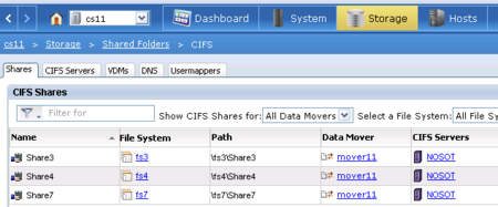 EMC VNX2- Übersicht des Shares Übersicht über die CIFS- Freigaben bei einer EMC VNX