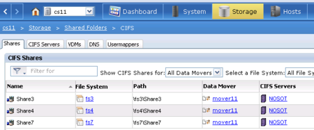 Übersicht über die CIFS- Freigaben bei  einer EMC VNX